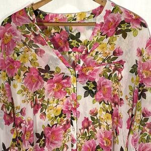 KUT FROM THE KLOTH Sheer Blouse Floral Button Roll Tab Long Sleeve Womens L Pink